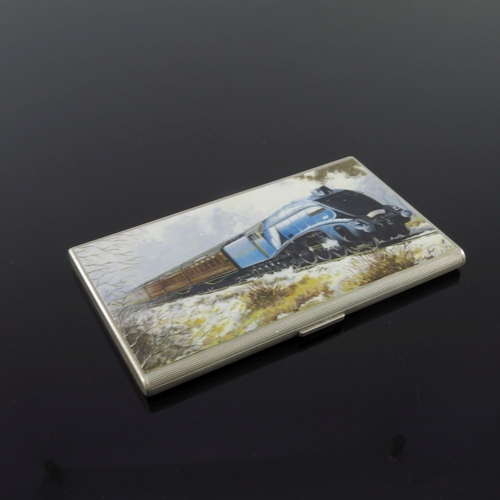 206 - A George VI silver pocket cigarette case, engine turned, the cover enamelled with an image of a stre... 