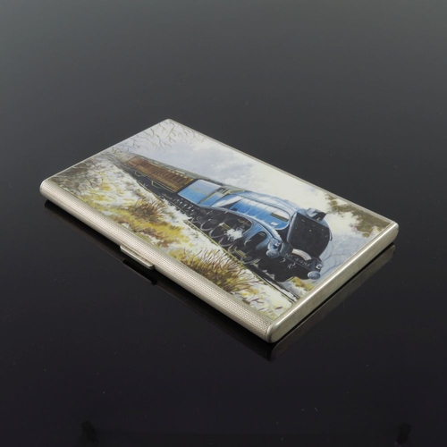 206 - A George VI silver pocket cigarette case, engine turned, the cover enamelled with an image of a stre... 