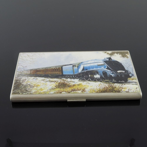 206 - A George VI silver pocket cigarette case, engine turned, the cover enamelled with an image of a stre... 