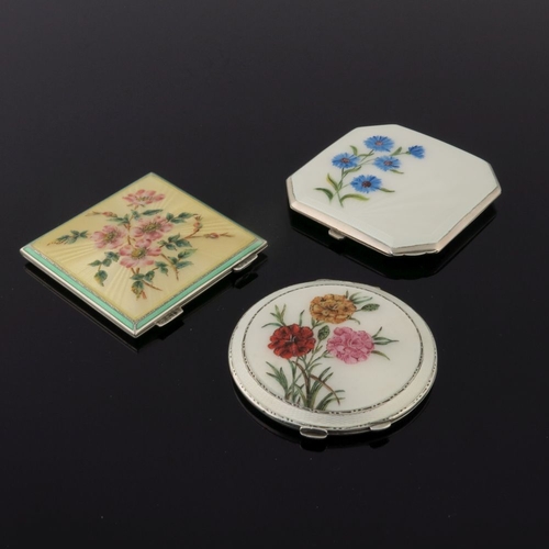 209 - A silver octagonal powder compact in cream guilloche enamel with painted cornflowers, a circular cre... 