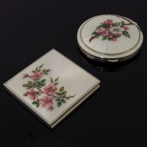 211 - A George VI silver enamel square powder compact, the cover with apple blossom on a cream guilloche g... 