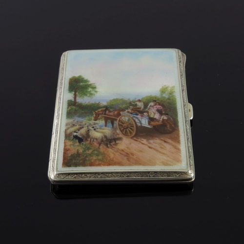 220 - A George V silver cigarette case, the cover enamelled with a scene of figures on a horse and cart an... 