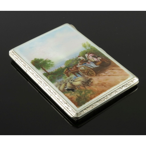 220 - A George V silver cigarette case, the cover enamelled with a scene of figures on a horse and cart an... 