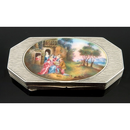 221 - A silver powder compact, octagonal machine engraved with an oval enamelled scene to the cover of cou... 