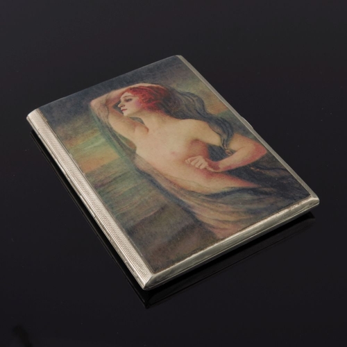 223 - Two silver cigarette cases, the covers with printed female nudes, one marked Sterling, the other Bir... 