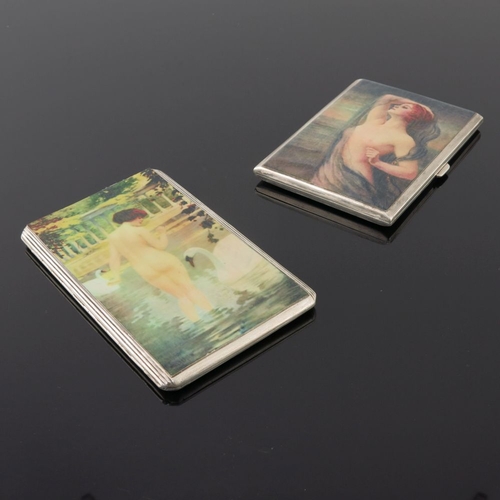 223 - Two silver cigarette cases, the covers with printed female nudes, one marked Sterling, the other Bir... 