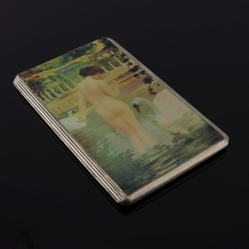 223 - Two silver cigarette cases, the covers with printed female nudes, one marked Sterling, the other Bir... 