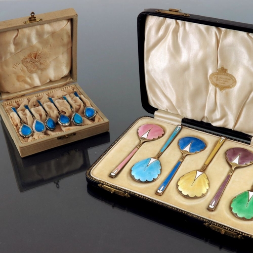 228 - A cased Harlequin set of six George V silver gilt and enamelled spoons, Turner & Simpson Ltd, Birmin... 