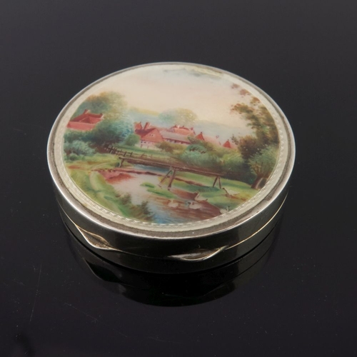 236 - A silver orange guilloche enamel powder compact, the lid with a river landscape, together with three... 