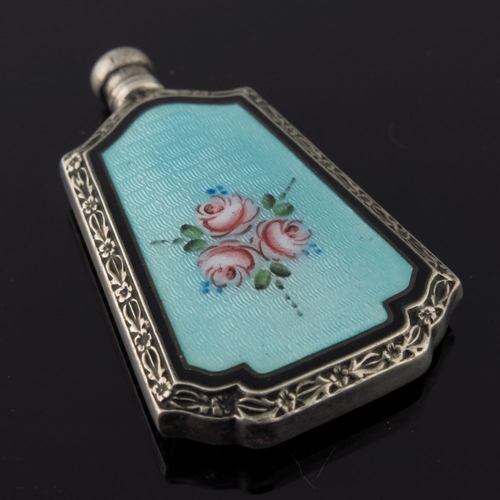 238 - Two Sterling silver miniature scent flasks, each with enamelled sprays of pink roses on a pale blue ... 