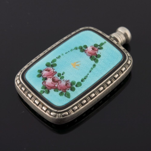 238 - Two Sterling silver miniature scent flasks, each with enamelled sprays of pink roses on a pale blue ... 