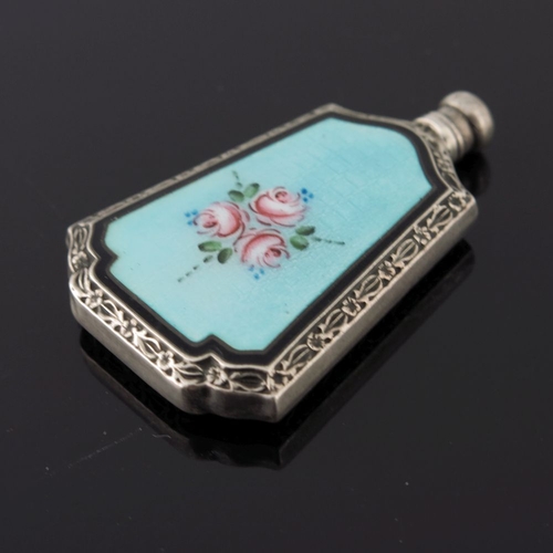 238 - Two Sterling silver miniature scent flasks, each with enamelled sprays of pink roses on a pale blue ... 