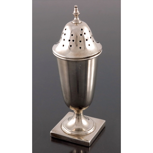 241 - A George VI silver sifter, Edward Viner, Sheffield 1937, pedestal urn form, on square foot, the dome... 