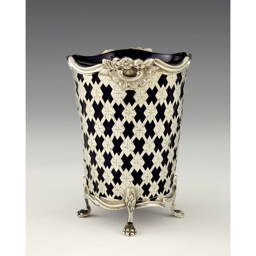 245 - An Edwardian reticulated silver and glass vase, Thomas Bradbury and Sons, Sheffield 1902, the conica... 