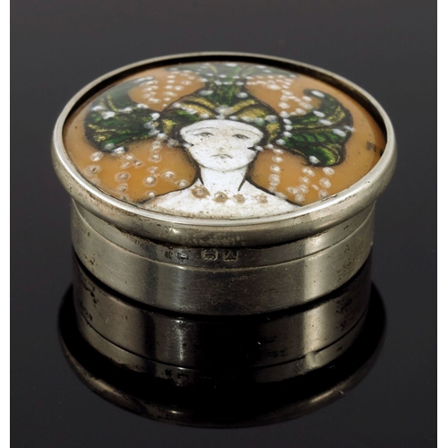 268 - An Arts and Crafts silver and enamelled pill box, Henry Clifford Davis, Birmingham 1925, circular fo... 