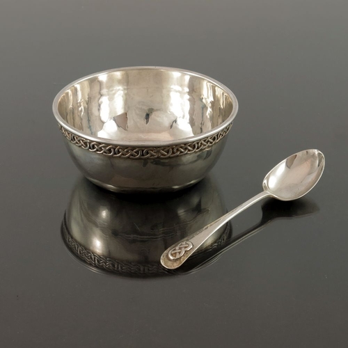 280 - Liberty and Co., an Arts and Crafts silver bowl and spoon, Birmingham 1926, planished and applied wi... 