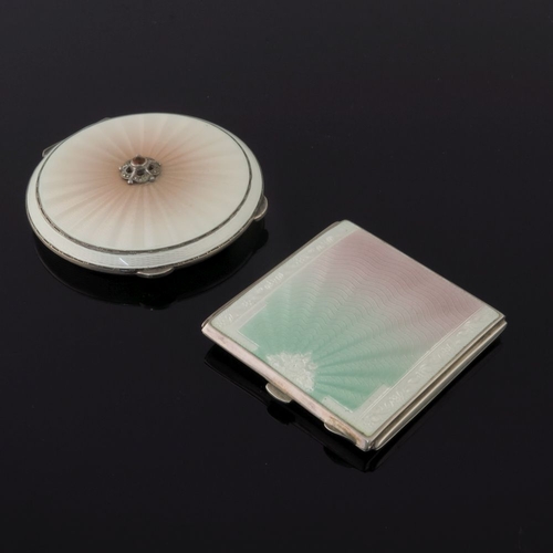 290 - A George VI Art Deco silver powder compact with guilloche sunburst green and pink enamel cover with ... 