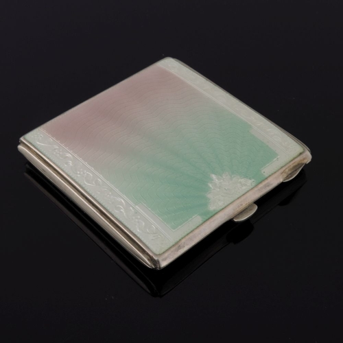 290 - A George VI Art Deco silver powder compact with guilloche sunburst green and pink enamel cover with ... 