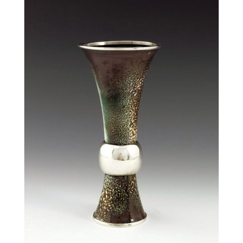 298 - A Spanish Modernist silver and enamelled vase, Barcelona circa 1970s, ball knopped trumpet or Gu for... 