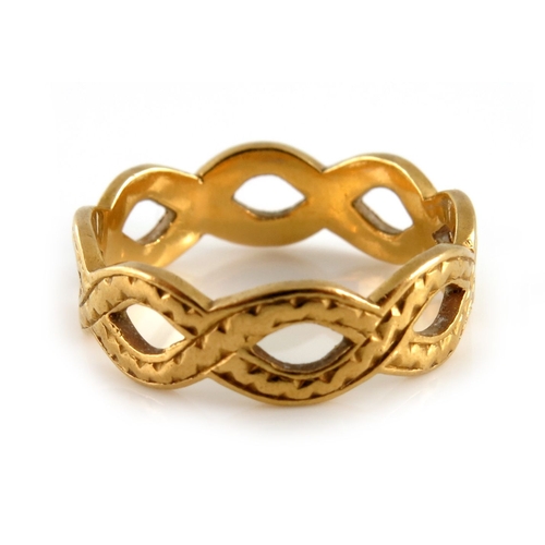 307 - A 22ct gold openwork band ring, of engraved woven design, hallmarks for London, ring size J1/2, 3.2g