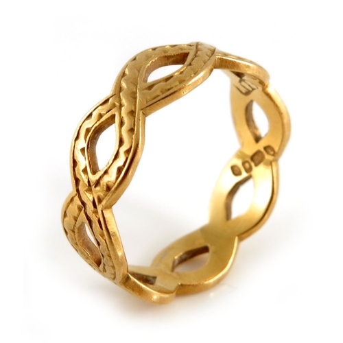 307 - A 22ct gold openwork band ring, of engraved woven design, hallmarks for London, ring size J1/2, 3.2g