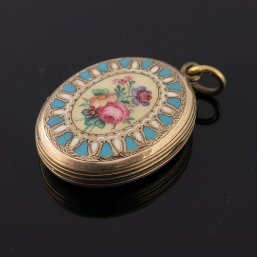 316 - A gilt metal and enamel locket, painted to depict a bouquet of flowers to the cover, together with a... 