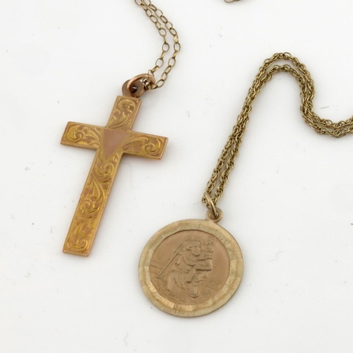 322 - Two 9ct gold religious pendants, each suspended from a chain, marks to indicate 9ct gold, lengths of... 