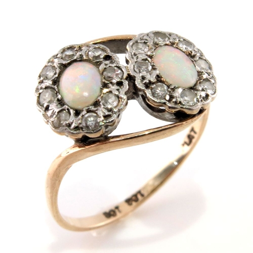 324 - A mid 20th century 9ct gold and platinum, opal cabochon and diamond double cluster ring, stamped 9ct... 