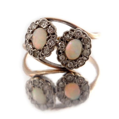 324 - A mid 20th century 9ct gold and platinum, opal cabochon and diamond double cluster ring, stamped 9ct... 