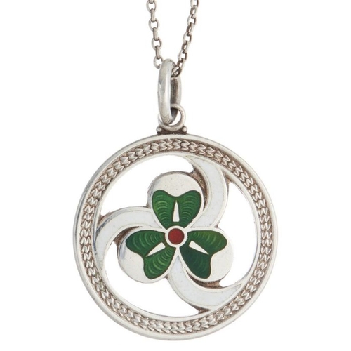 327 - An Arts and Crafts silver and polychrome enamel shamrock pendant, maker's marks for J A Wylie & Co, ... 