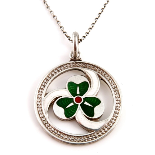 327 - An Arts and Crafts silver and polychrome enamel shamrock pendant, maker's marks for J A Wylie & Co, ... 