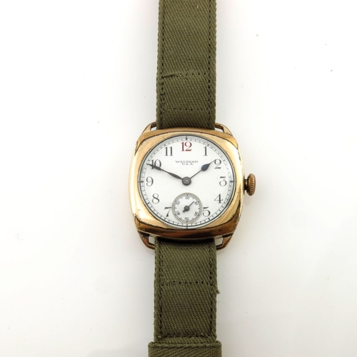 338 - Waltham, a gold plated trench style wrist watch, cushion-shape case, manual wind movement signed Wal... 