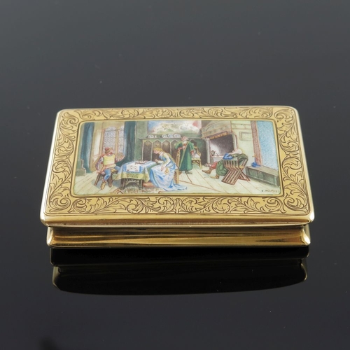 340 - An 18k gold Continental snuff box, of rectangular form, the cover with inset enamelled plaque of fig... 