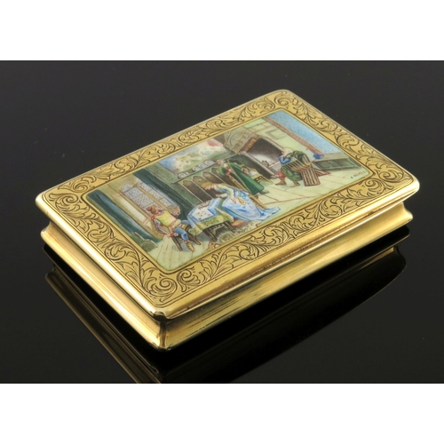 340 - An 18k gold Continental snuff box, of rectangular form, the cover with inset enamelled plaque of fig... 