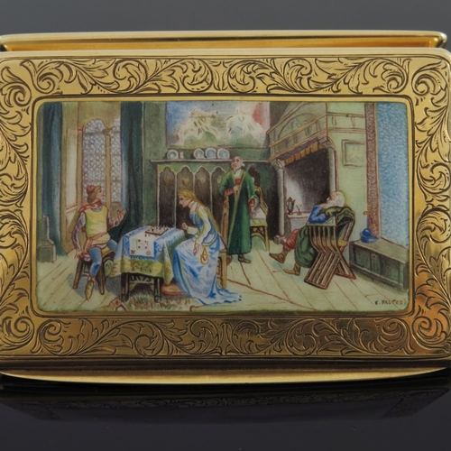 340 - An 18k gold Continental snuff box, of rectangular form, the cover with inset enamelled plaque of fig... 