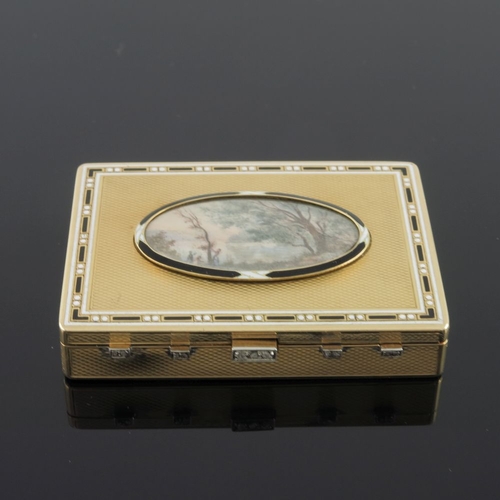 341 - An 18ct gold pill box, of rectangular form with engine engraving, the cover with an inset painted ri... 