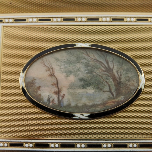 341 - An 18ct gold pill box, of rectangular form with engine engraving, the cover with an inset painted ri... 