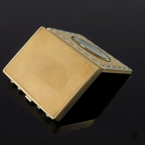 341 - An 18ct gold pill box, of rectangular form with engine engraving, the cover with an inset painted ri... 