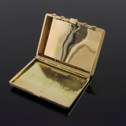 341 - An 18ct gold pill box, of rectangular form with engine engraving, the cover with an inset painted ri... 