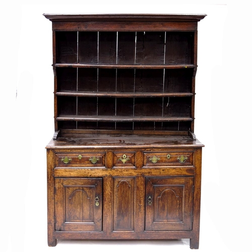 342 - A George II country oak dresser, circa 1740 and later, plain cornice, overhanging upper section to t... 