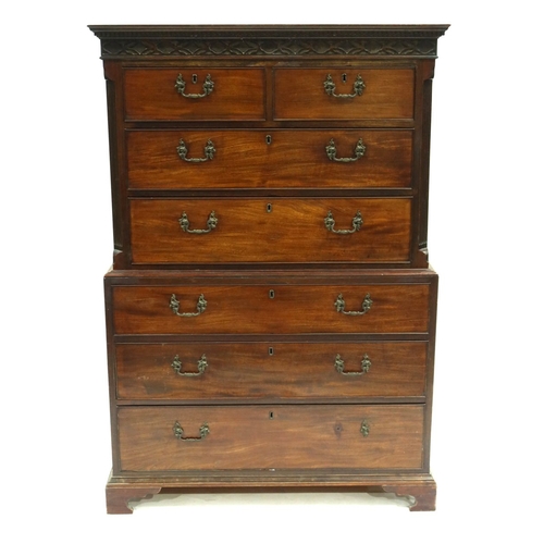 348 - A George III mahogany chest on chest, circa 1790, moulded and dentil cornice, Chinese blind fretwork... 