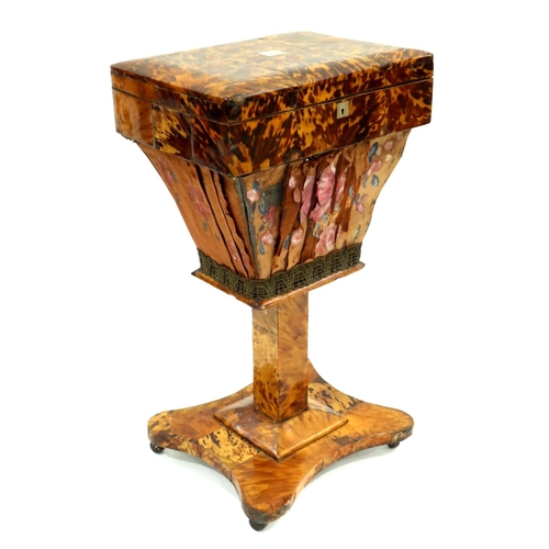 353 - A Regency blonde tortoiseshell pedestal work table, circa 1820, hinged cover opening to a fitted int... 