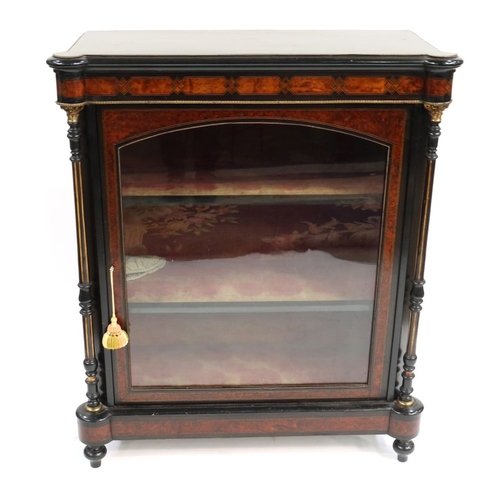 356 - A Victorian ebonised pier cabinet, circa 1870, brass beadwork trim, amboyna inlaid and strung, singl... 