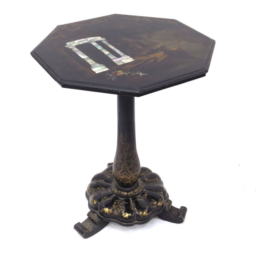 358 - An early 19th century gilt Japanned lacquer tilt top pedestal occasional table, circa 1830s, the oct... 