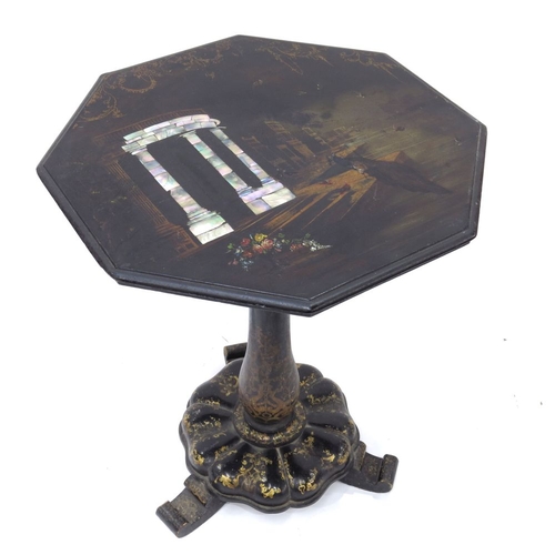 358 - An early 19th century gilt Japanned lacquer tilt top pedestal occasional table, circa 1830s, the oct... 