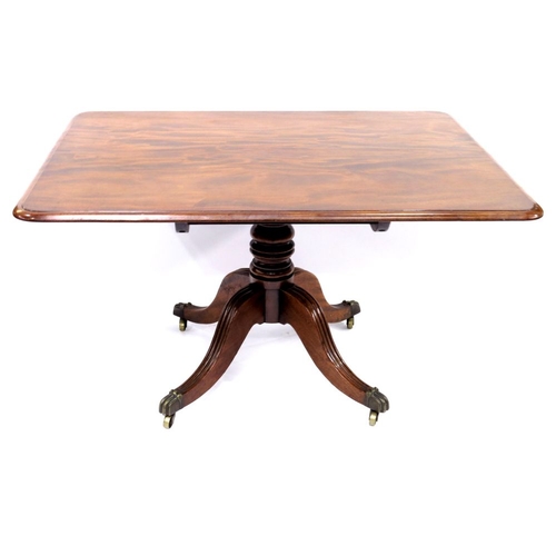 359 - A Regency mahogany breakfast table, circa 1820, rectangular moulded tilt-top, baluster pedestal, ree... 