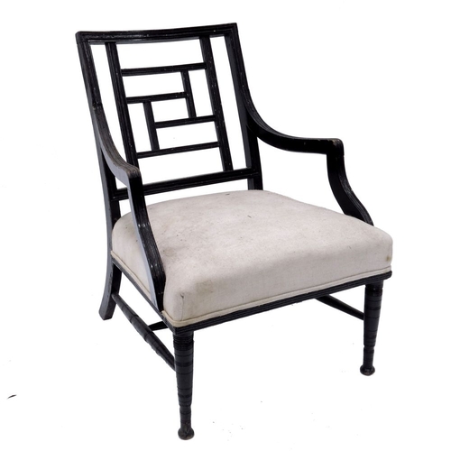 362 - Two Aesthetic Movement ebonised chairs, one by Bruce Talbert, with embossed leather top rail, the ot... 