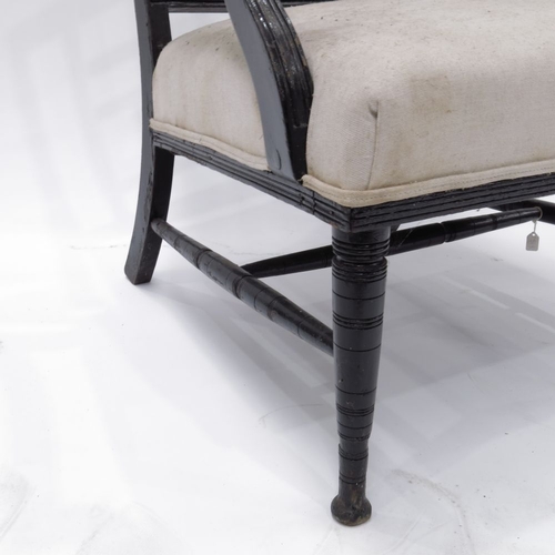 362 - Two Aesthetic Movement ebonised chairs, one by Bruce Talbert, with embossed leather top rail, the ot... 