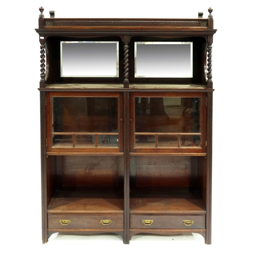 369 - An Aesthetic Movement walnut mirror backed sideboard buffet, circa 1880, of two bays and four levels... 