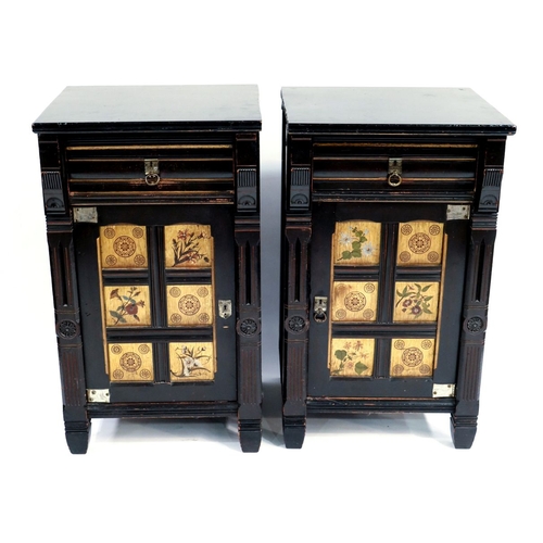 371 - A pair of Aesthetic Movement ebonised bedside tables, circa 1880, each with overhanging tops, single... 